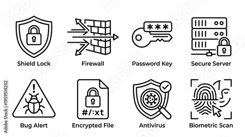 Outlined icons of cybersecurity essentials including shield, firewall, key, server, malware warning, secure document, threat detection, and fingerprint, symbolizing digital security and data protectio