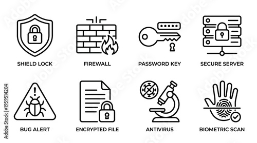 Outlined icons of cybersecurity essentials including shield, firewall, key, server, malware warning, secure document, threat detection, and fingerprint, symbolizing digital security and data protectio