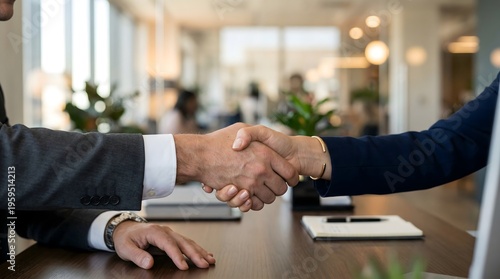 Close-up of two professionals shaking hands across an office desk, only hands and arms visible, blurred office background, natural lighting, professional corporate mood, no faces
