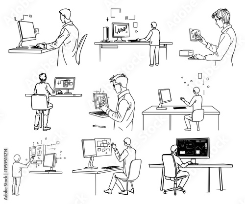 Person interacting with floating 3D interface set with abstract line art featuring futuristic workstation, digital UI, ergonomics with minimalism and white background
