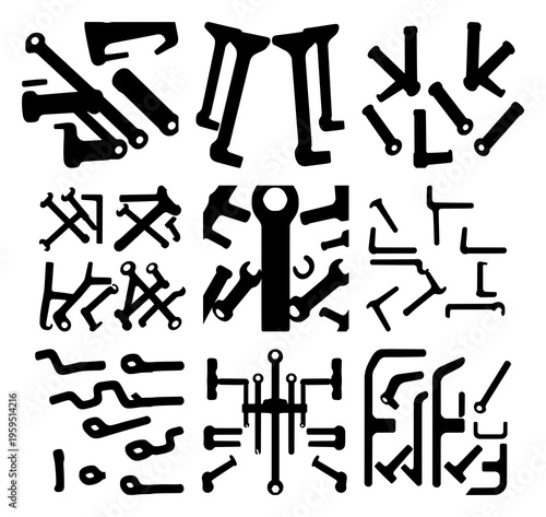 Hex Keys set with solid black silhouettes featuring l-shaped tools, equipment, hand tools with construction and repair