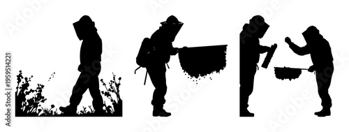Professional beekeeper silhouette set with solid black figure wearing full mesh suit on white background featuring apiculture, beekeeping, safety gear with protective clothing and mesh mask