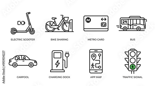 Outlined icons of urban mobility including electric scooter, bike sharing, metro card, bus, carpool, charging dock, app map, and traffic signal, symbolizing modern transport, sustainability, and smart