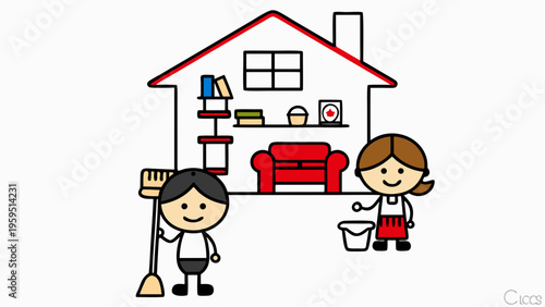 Illustration of a boy and girl cleaning in front of a house with red furniture and decor