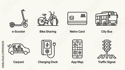 Outlined icons of urban mobility including electric scooter, bike sharing, metro card, bus, carpool, charging dock, app map, and traffic signal, symbolizing modern transport, sustainability, and smart