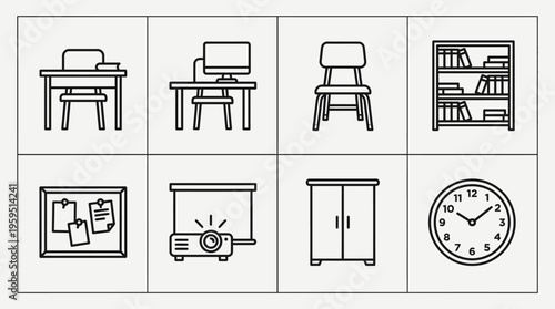 Outlined icons of classroom essentials including student desk, chair, teacher table, projector, bookshelf, notice board, cupboard, and wall clock, symbolizing education, learning, and school environme