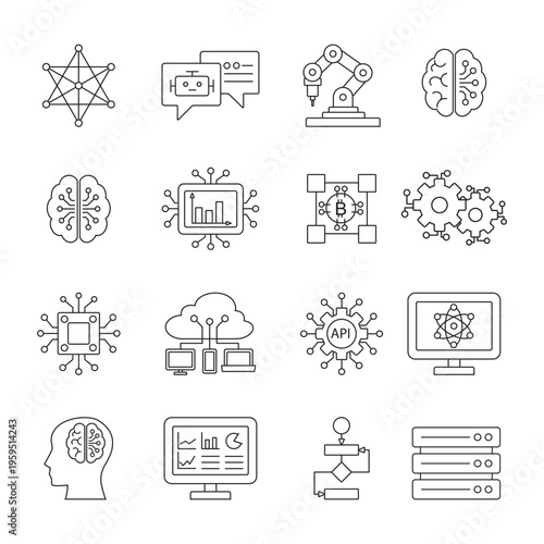 AI and machine learning technology line Icon Set. Clean geometric design suitable for web, apps, infographics, and tech presentations.	