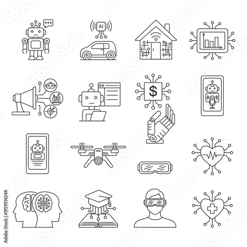 AI in everyday life line Icons Set. Clean geometric design suitable for web, apps, infographics, and tech presentations.	