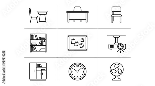Outlined icons of classroom essentials including student desk, chair, teacher table, projector, bookshelf, notice board, cupboard, and wall clock, symbolizing education, learning, and school environme
