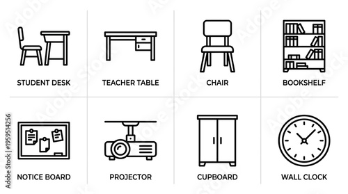 Outlined icons of classroom essentials including student desk, chair, teacher table, projector, bookshelf, notice board, cupboard, and wall clock, symbolizing education, learning, and school environme