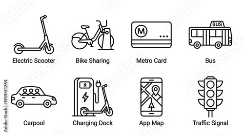 Outlined icons of urban mobility including electric scooter, bike sharing, metro card, bus, carpool, charging dock, app map, and traffic signal, symbolizing modern transport, sustainability, and smart