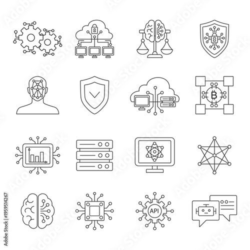 AI security and data protection line Icon Set. Clean geometric design suitable for web, apps, infographics, and tech presentations.	