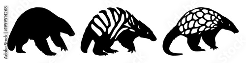 Pangolin set with solid black silhouette in defensive walking stance featuring rare pangolin, endangered wildlife, conservation icon with white background and black outline