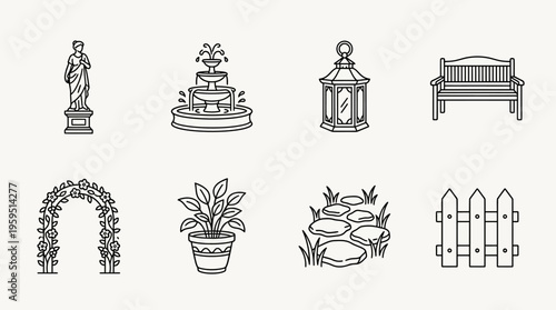 Outlined icons of garden features including statue, fountain, lantern, bench, flower arch, pot plant, stepping stones, and fence, symbolizing landscape design, decoration, and outdoor aesthetics.