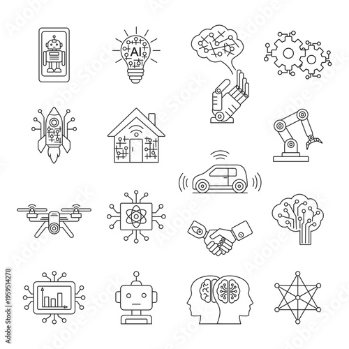 AI innovation and future technology line Icon Set. Clean geometric design suitable for web, apps, infographics, and tech presentations.	