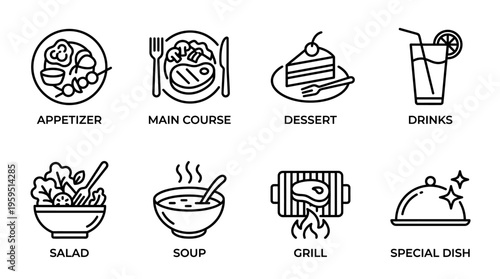 Outlined icons of menu categories including appetizer, main course, dessert, drinks, salad, soup, grill, and special dish, symbolizing restaurant meals, dining options, and food variety.