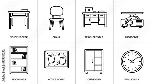 Outlined icons of classroom essentials including student desk, chair, teacher table, projector, bookshelf, notice board, cupboard, and wall clock, symbolizing education, learning, and school environme