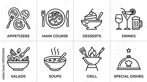 Outlined icons of menu categories including appetizer, main course, dessert, drinks, salad, soup, grill, and special dish, symbolizing restaurant meals, dining options, and food variety.
