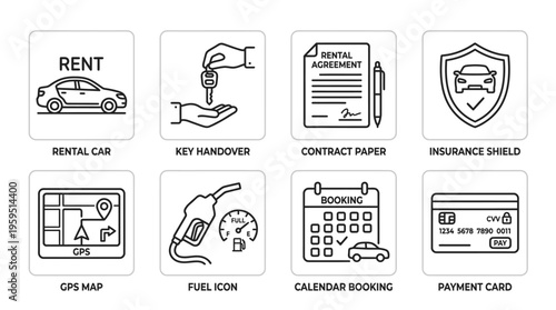 Outlined icons of car rental essentials including rental car, key handover, contract, insurance, smartphone map, fuel pump, calendar, and payment card, symbolizing vehicle hire, travel, and service pr