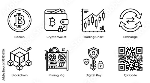 Outlined icons of cryptocurrency essentials including Bitcoin coin, wallet, candlestick chart, exchange arrows, blockchain cubes, mining GPU, security key, and QR code, symbolizing crypto trading and 