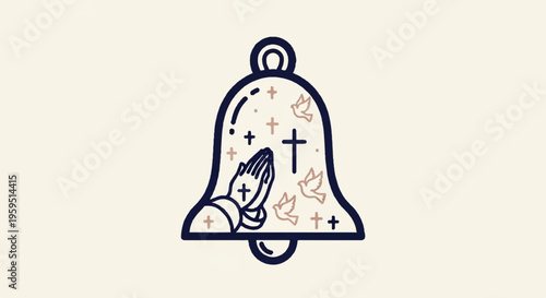 Bell with cross and praying hand symbolizing faith and spirituality on beige background