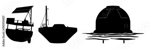 Desalination buoy set with solid black silhouette and bold sharp edges featuring ocean technology, solar power, renewable energy with water purification and marine engineering