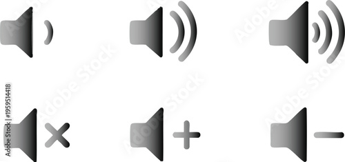 Collection of speaker volume icons representing mute low medium and high sound levels for interface design isolated on white
