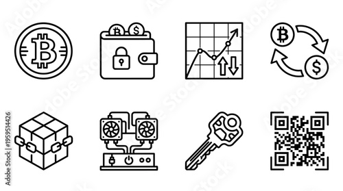 Outlined icons of cryptocurrency essentials including Bitcoin coin, wallet, candlestick chart, exchange arrows, blockchain cubes, mining GPU, security key, and QR code, symbolizing crypto trading and 