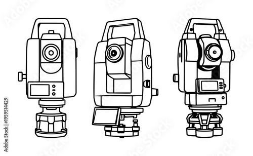 Surveyor's total station icon set with geometric shapes and consistent stroke width featuring engineering, surveying, technology with precision and measurement