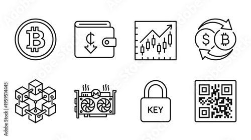 Outlined icons of cryptocurrency essentials including Bitcoin coin, wallet, candlestick chart, exchange arrows, blockchain cubes, mining GPU, security key, and QR code, symbolizing crypto trading and 