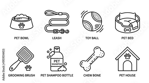Outlined icons of pet care essentials including bowl, leash, toy ball, bed, brush, shampoo, bone, and pet house, symbolizing pet ownership, grooming, play, feeding, and shelter.