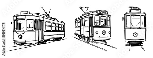 Streetcar set with sketchbook style illustration of an old‑fashioned streetcar isolated on white featuring black ink pen, vintage transit, line art with vector and illustration