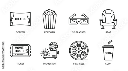 Outlined icons of cinema essentials including movie ticket, screen, popcorn, 3D glasses, theater seat, projector, film reel, and drink cup, symbolizing entertainment, movie culture, and theater experi