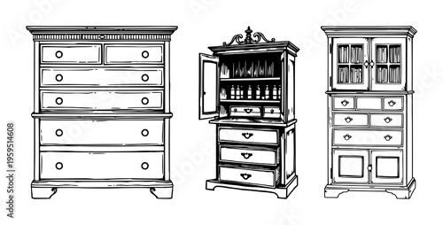 Apothecary cabinet set with detailed woodcut style illustration of a Victorian cabinet with multiple drawers featuring medicinal, glass, leather with white background and icon