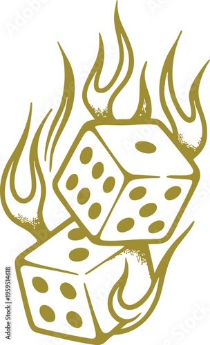 Two flaming dice representing luck and gambling in a bold graphic illustration style isolated on white background