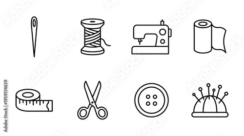 Outlined icons of sewing essentials including machine, needle, measuring tape, scissors, spool, button, pincushion, and fabric roll, symbolizing tailoring, textile work, and creative craftsmanship.