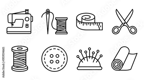 Outlined icons of sewing essentials including machine, needle, measuring tape, scissors, spool, button, pincushion, and fabric roll, symbolizing tailoring, textile work, and creative craftsmanship.