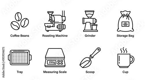 Outlined icons of coffee essentials including beans, roasting machine, grinder, storage bag, tray, measuring scale, scoop, and cup, symbolizing coffee-making process from raw beans to brewed drink.