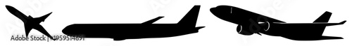 Commercial airplane set with minimalist vector icon ascending at a slight upward angle featuring silhouette, clean lines, solid black fill with monochrome and professional travel
