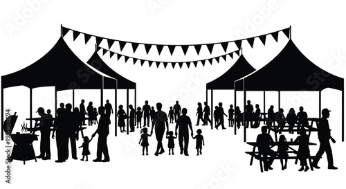 Black silhouette figures enjoying a lively outdoor barbecue gathering under festive market tents