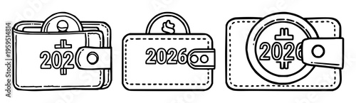 Digital wallet icon set with clean vector style featuring wallet shape, numeric token 2026, cryptocurrency badge, fintech branding with white background and sharp outline
