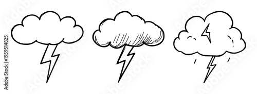Storm cloud set with doodle illustration of a storm cloud and a single lightning bolt featuring playful weather style, thick lines, white background with cartoon illustration and minimalist design