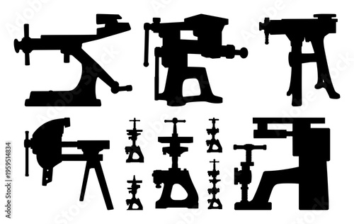 Blacksmith leg vise set with solid black silhouette design featuring industrial tool, metal crafting, blacksmithing with white background and sharp edges