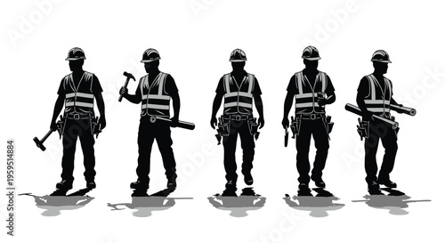 Collection of five construction worker silhouettes wearing hard hats and reflective safety vests