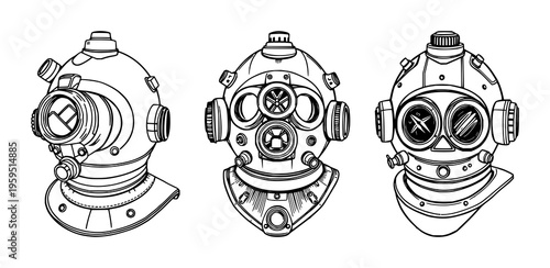 Vintage diving helmet set with ornate Victorian line drawing accented by modern tech sensor overlays on a white background featuring diving gear, antique, technology with line art and minimalist