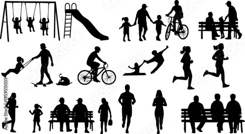 People different ages doing outdoors activities with various poses in public park vector silhouettes. People all ages playing in park family bonding leisure time black silhouette set. 
