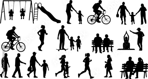 People different ages doing outdoors activities with various poses in public park vector silhouettes. People all ages playing in park family bonding leisure time black silhouette set. 
