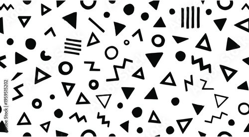 Playful black and white geometric shapes, including triangles, circles, and lines, form a seamless retro graphic background.
