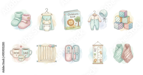 Watercolor Baby Gear Clipart Set — 10 Infant Care & Parenting Essentials PNG SVG Vector Illustration
