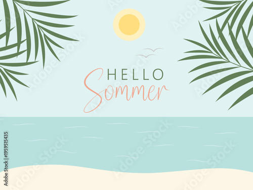 Hello summer card, banner in trendy bright colors with tropical leaves